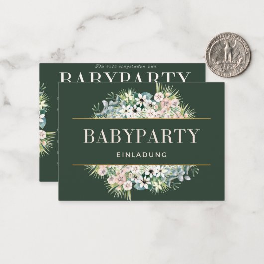 Einladung Babyparty – Gold Grün Floral Babyshower Notitiekaartje (Voorkant / Achterkant in situ)