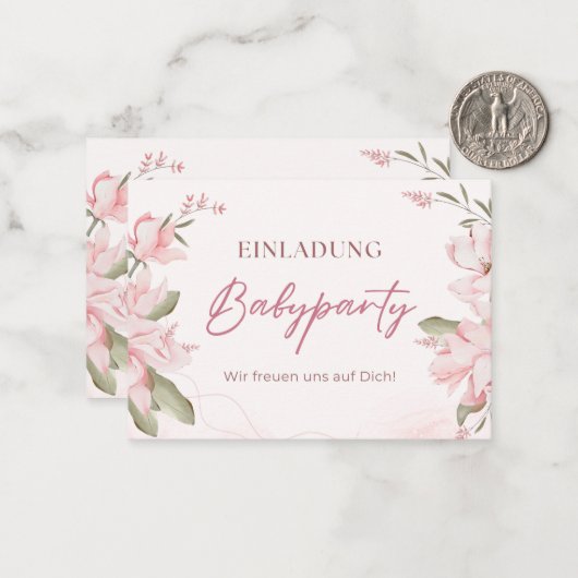Einladung Babyparty – Pink Blumen Babyshower Notitiekaartje (Voorkant / Achterkant in situ)