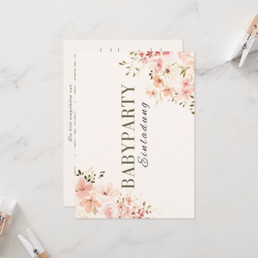 Einladung Babyparty – Rosa Blumen Babyshower Kaart (Voorkant / Achterkant in situ)