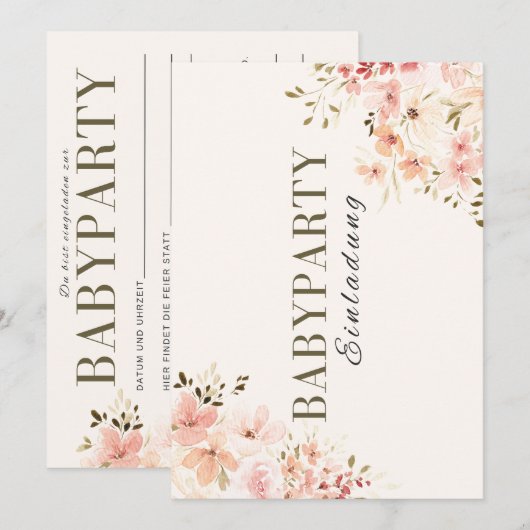 Einladung Babyparty – Rosa Blumen Babyshower Kaart (Voorkant / Achterkant)