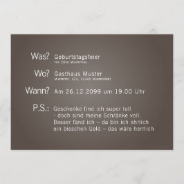 Einladungskarte mit "Was? Wann? Wo? P.S.:"-Text Kaart