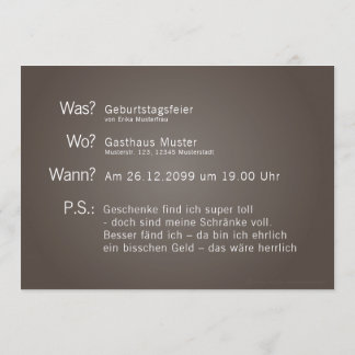 Einladungskarte mit "Was? Wann? Wo? P.S.:"-Text Kaart