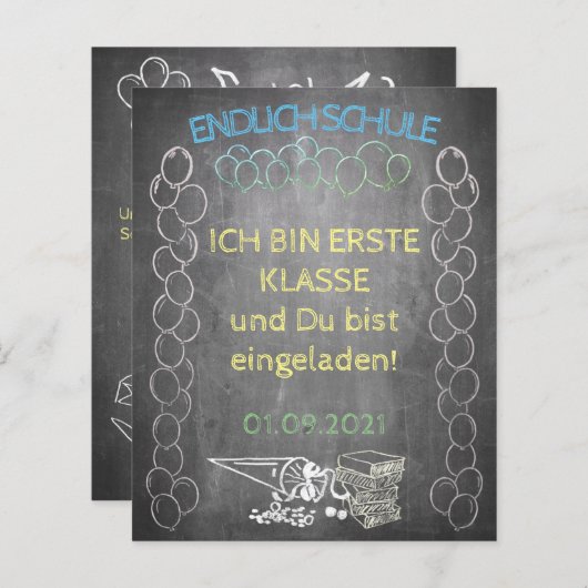 Einladungskarte zur Einschulung im Tafelstil (Voorkant / Achterkant)