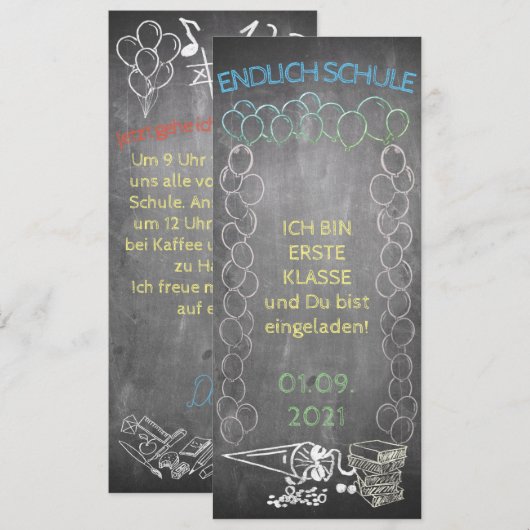 Einladungskarte zur Einschulung im Tafelstil (Voorkant / Achterkant)