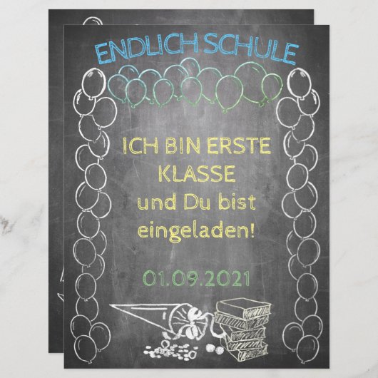 Einladungskarte zur Einschulung im Tafelstil (Voorkant / Achterkant)