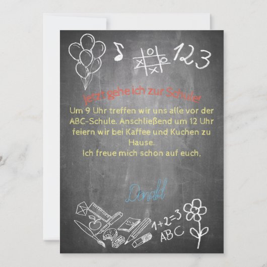 Einladungskarte zur Einschulung im Tafelstil (Achterkant)