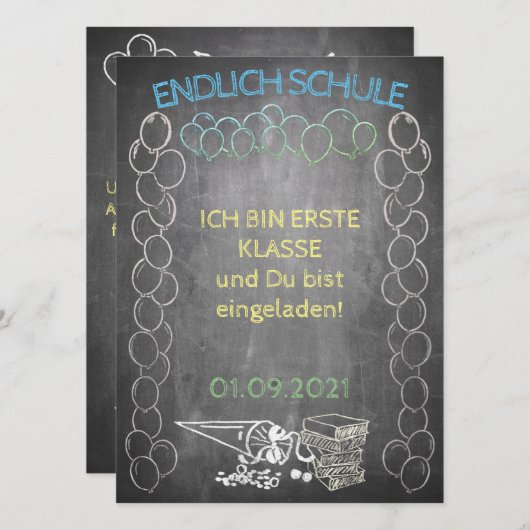 Einladungskarte zur Einschulung im Tafelstil (Voorkant / Achterkant)