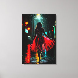 Einsame Anmut in Rot - Frau im Regen Canvas Afdruk