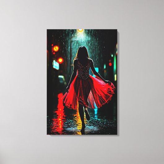 Einsame Anmut in Rot - Frau im Regen Canvas Afdruk (Voorkant)