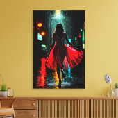 Einsame Anmut in Rot - Frau im Regen Canvas Afdruk (Insitu (Woonkamer))