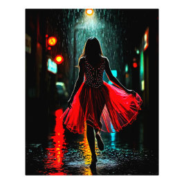 Einsame Anmut in Rot - Frau im Regen Foto Afdruk