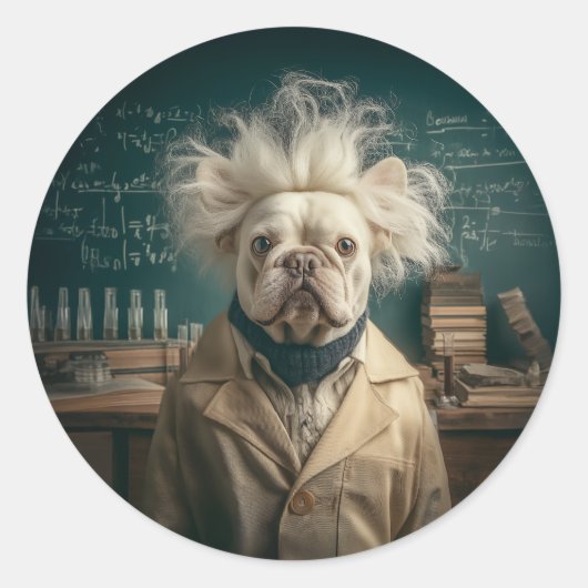 Einstein Pup in Lab Coat Ronde Sticker (Voorkant)