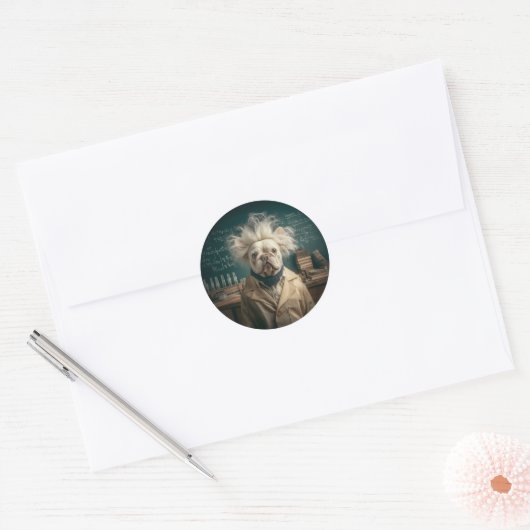 Einstein Pup in Lab Coat Ronde Sticker (Envelop)