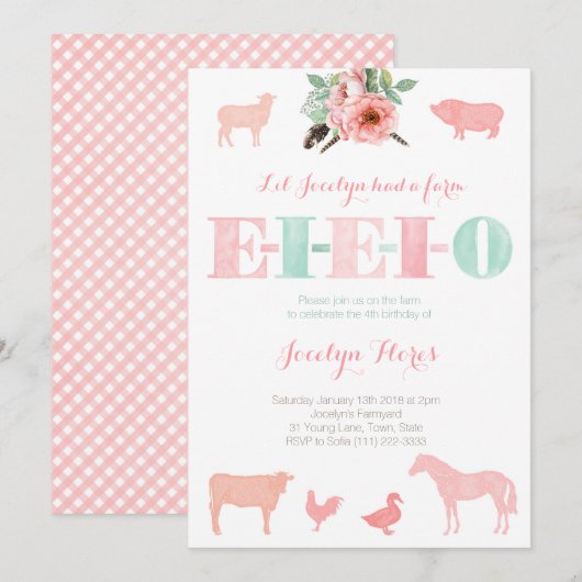 EIO-uitnodigingen, Old MacDonald Birthday Party Kaart (Voorkant / Achterkant)