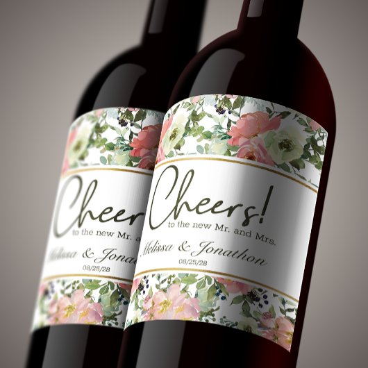 Eishell en Blush Floral Weddenschap Wijn Label Etiket