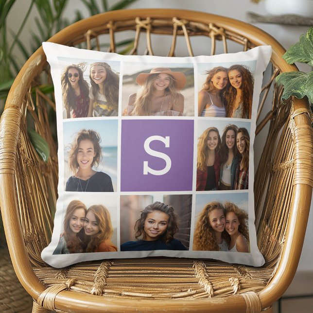 Eitplant en White Photo Collage Custom Monogram Kussen (Custom Photo Pillow - Add Your Own Pics!)