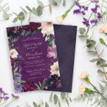 Eitplant Paarse Floral Wedding Invitations Kaart<br><div class="desc">Romantische bloemen in tinten van rijke bruine,  zachte lila,  diepe aubergineachtige paarse en roze orchidee met moderne groene botanica zoals ferns en eucalyptus. Een donkere,  paarse waterverf achtergrond stropdassen het allemaal samen met klassieke typografie in deze elegante trouwuitnodigingen.</div>