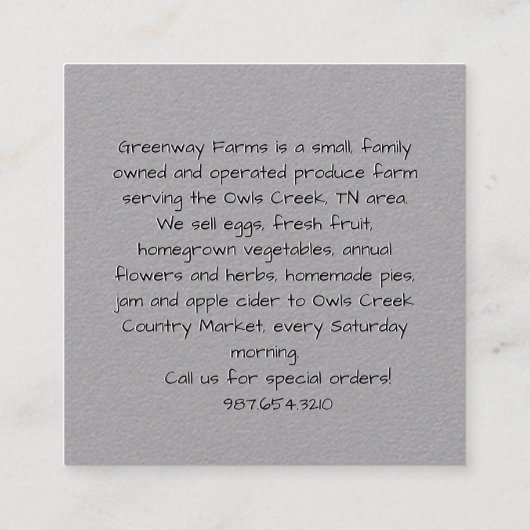 Eiwitkarton Grijze Boerderij Verse eieren met Vint Vierkante Visitekaartje (Achterkant)