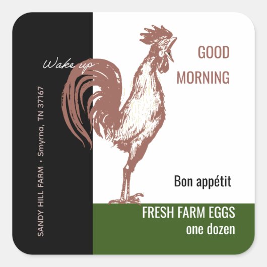 Eiwitkarton Rooster Good Morning Terracotta Wake U Vierkante Sticker (Voorkant)