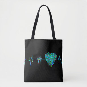 Ekg lijn hart medisch zwart turquoise verpleegster tote bag