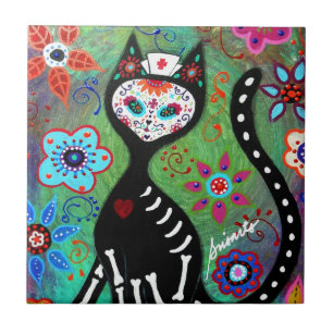 EL GATO CAT DIA DE LOS MUERTOS NURSE PAINTING TEGELTJE