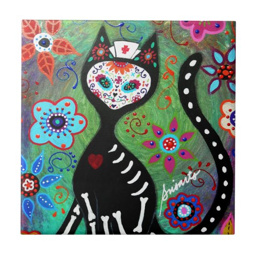 EL GATO CAT DIA DE LOS MUERTOS NURSE PAINTING TEGELTJE (Voorkant)