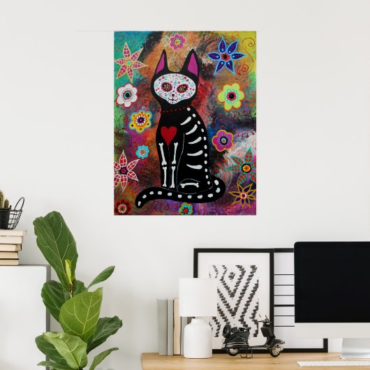 El gato Dia de los Muertos Painting Poster (Thuiskantoor)
