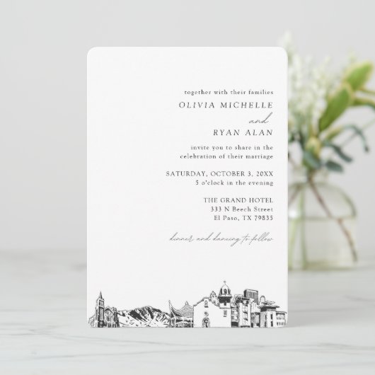 El Paso bruiloft elegante skyline uitnodiging (Staand voorkant)