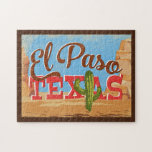 El Paso Texas Cartoon Desert Vintage Travel Legpuzzel<br><div class="desc">Het vintage-reisontwerp van El Paso Texas is een grappige cartoon-retro-stijl met de woestijn,  een cactus en rotsen. Blauw,  bruin en rood met groene cactus.</div>