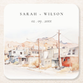 El Paso Texas City Scape Waterverf bruiloft Kartonnen Onderzetters