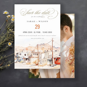 El Paso Texas City Scape Waterverf trouwfoto Save The Date