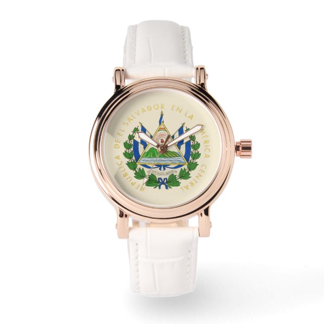 El Salvador Flag Icon RG White Leather Watch Horloge (Voorkant)