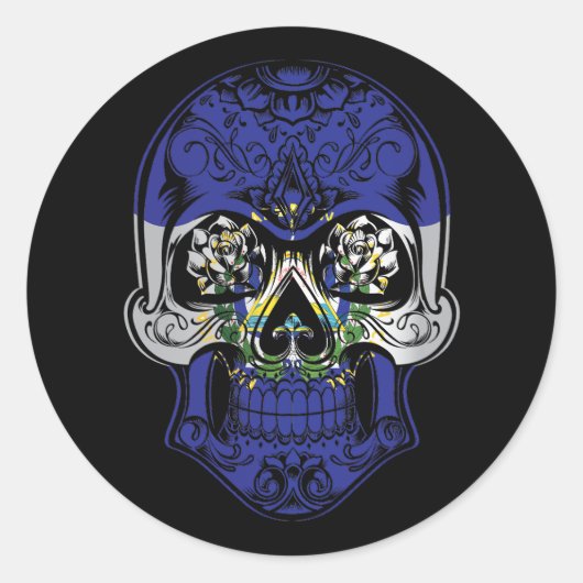 El Salvador Skull en Rozen vlag Ronde Sticker (Voorkant)