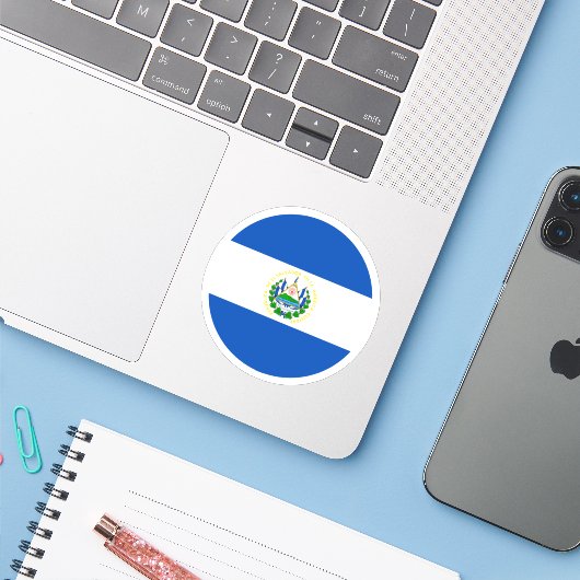 El Salvador Vlag Ronde Sticker (Laptop met iPhone)