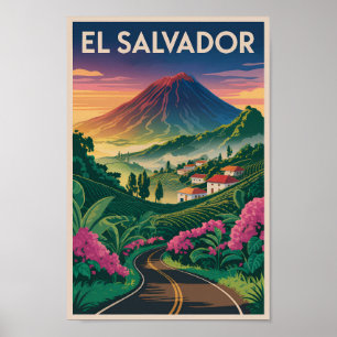 El Salvador Vulkan Illustratie Reis Kunst Vintage Poster
