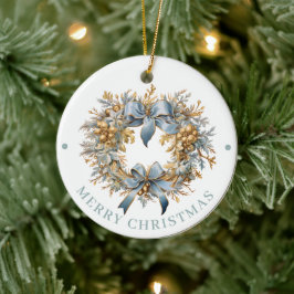Elaborate blauwe en gouden kerstkrans Gelukkig Ker Keramisch Ornament