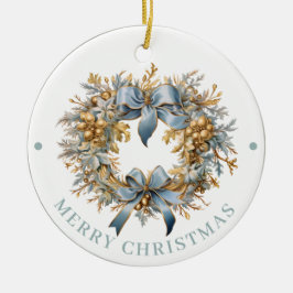 Elaborate blauwe en gouden kerstkrans Gelukkig Ker Keramisch Ornament