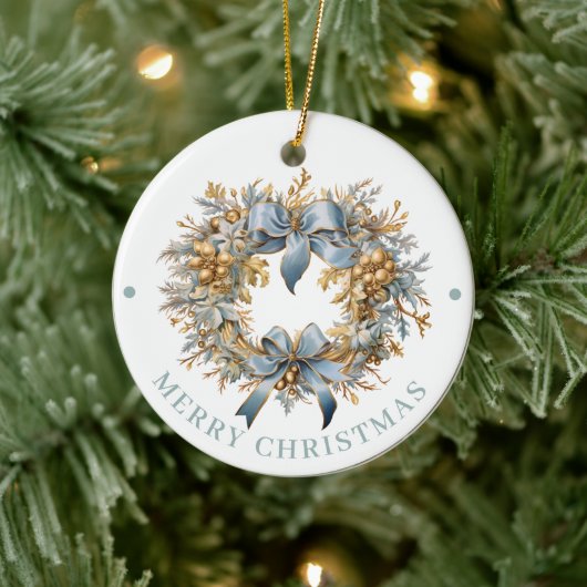 Elaborate Blue and Gold Wreath Merry Christmas  Keramisch Ornament (Boom)