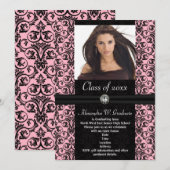 Elaborate lichtroze met zwarte damast afstuderen kaart (Voorkant / Achterkant)