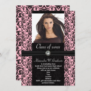 Elaborate Light Pink w/Black Damask Graduation Kaart