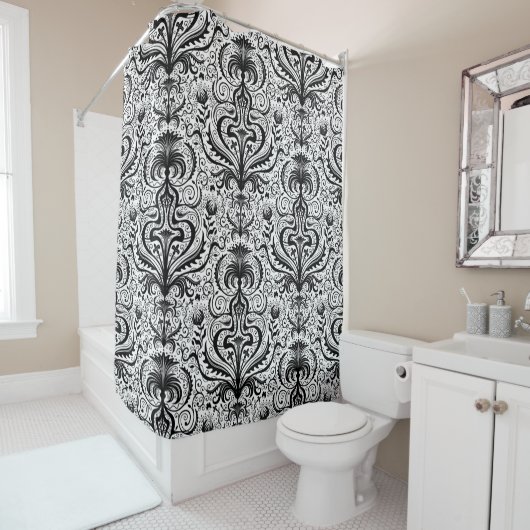Elaborate Luxury Black Seamless Damask Floral Patt Douchegordijn (In situ)