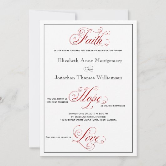 Elaborate Red Faith Hope Love Wedding Invitation Kaart (Voorkant)