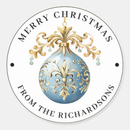 Elaborate Victorian Ornament Blue Merry Christmas  Ronde Sticker