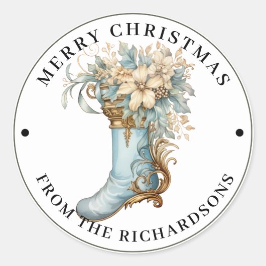 Elaborate Victorian Stocking Blue Merry Christmas  Ronde Sticker (Voorkant)
