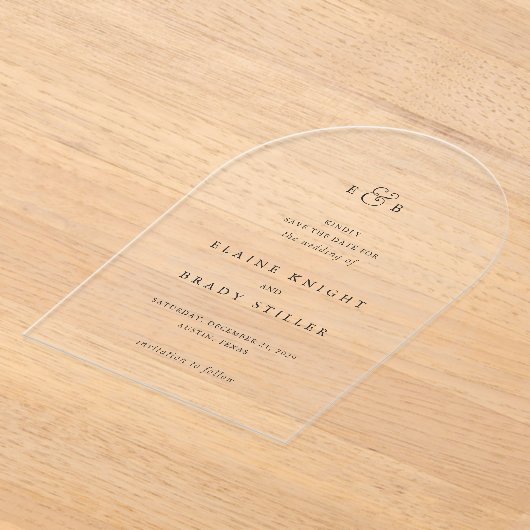 Elaine Monogram Elegante bruiloft Save the Date Acryl Uitnodigingen (Laagn)