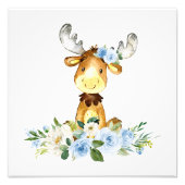 eland, bosdieren, boho, blauwe bloemen foto afdruk (Voorkant)