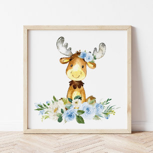 eland, bosdieren, boho, blauwe bloemen poster
