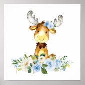 eland, bosdieren, boho, blauwe bloemen poster (Voorkant)
