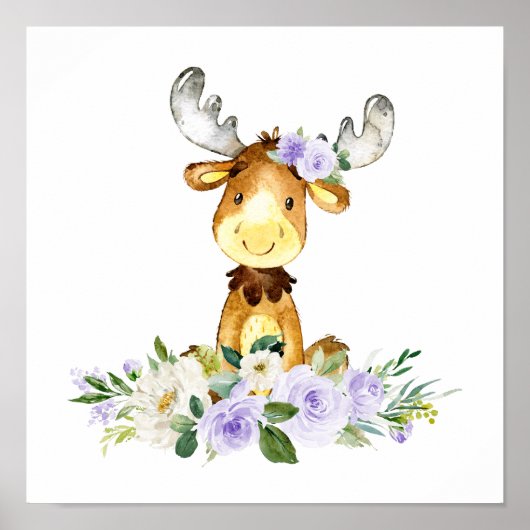 eland, bosdieren, boho, paarse bloemen poster (Voorkant)