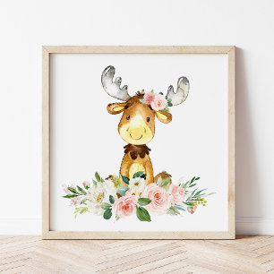 eland, bosdieren, boho, roze bloemen poster